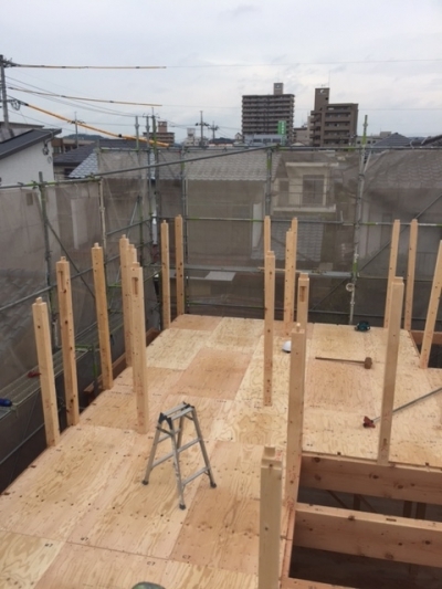 岡山市北区新屋敷町　上棟の様子　2F床合板　その5　2016/7/12